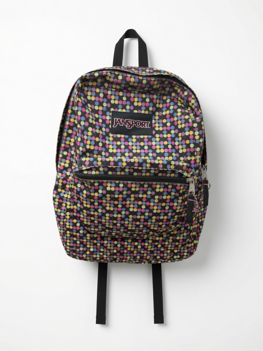 Jansport Black Backpack with Pink, Yellow, Green, Blue & Purple Polka Dots
